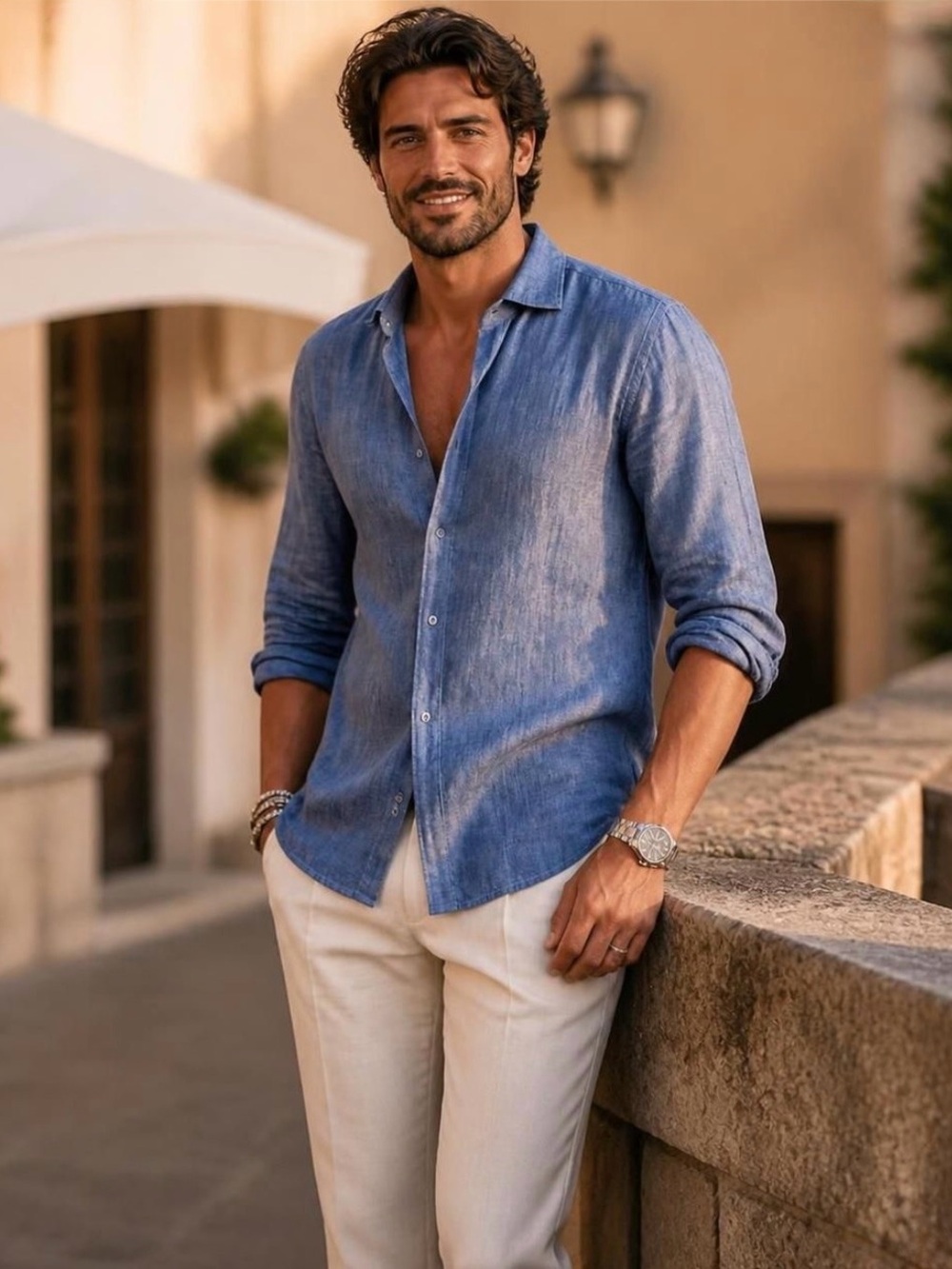 Men's Blue & Periwinkle Linen Button Down shirt